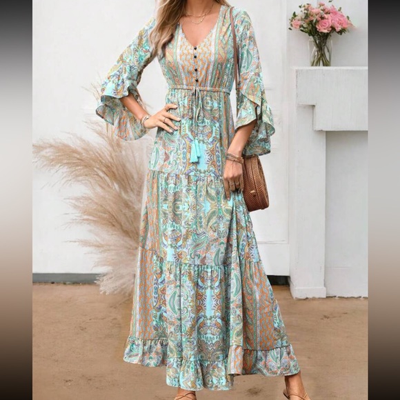 Boho Floral Print Paisley Flare Sleeve Ruffle Hem Maxi Dress - Picture 5 of 11
